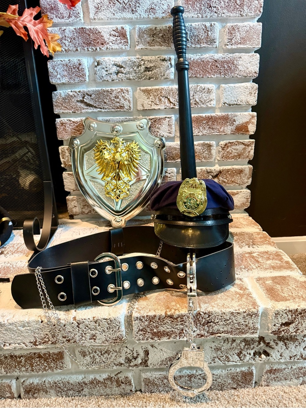 Police Officer Costume Accessories.Black Duty Belt w/Faux Handcuffs, Hat & Baton